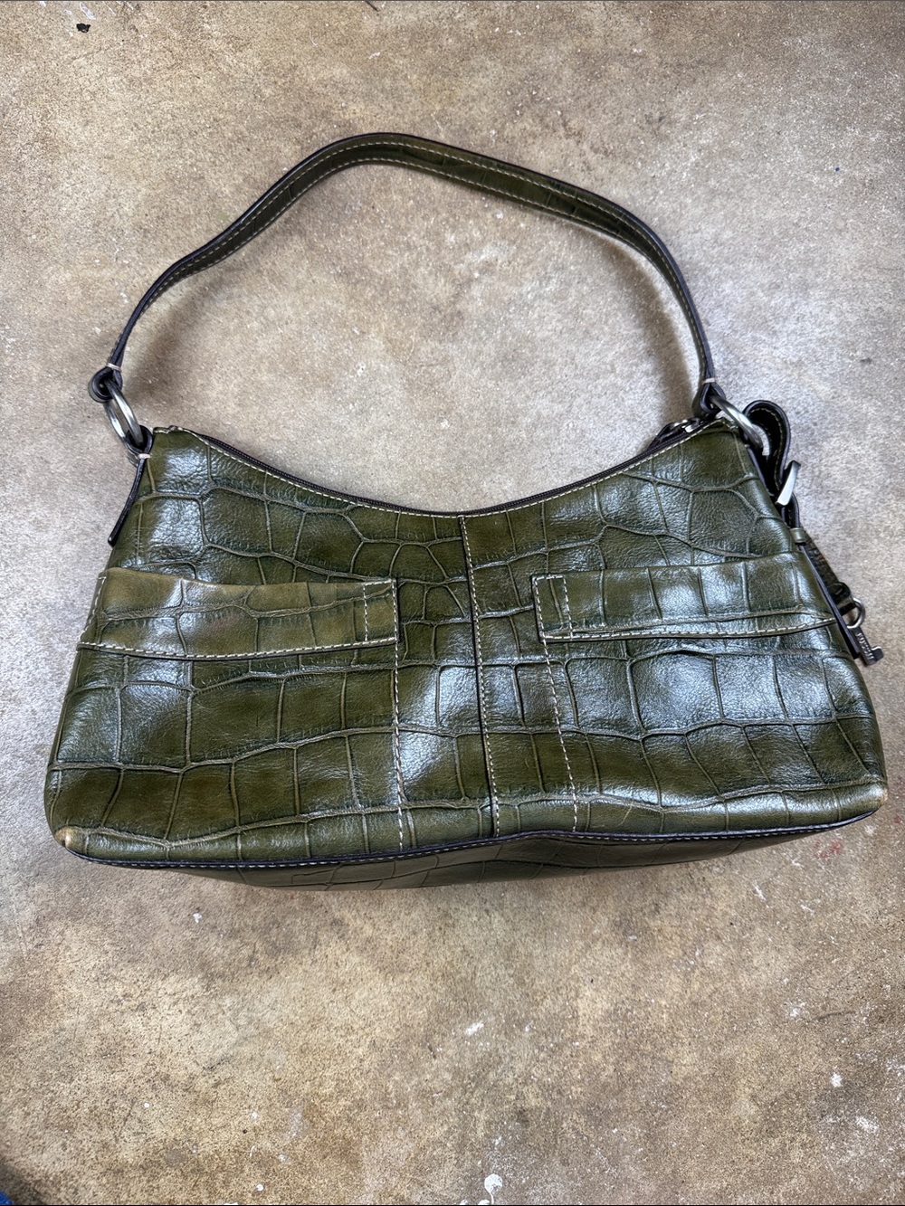 Vintage Fossil Y2K Olive Green Croc-Embossed Shoulder Bag